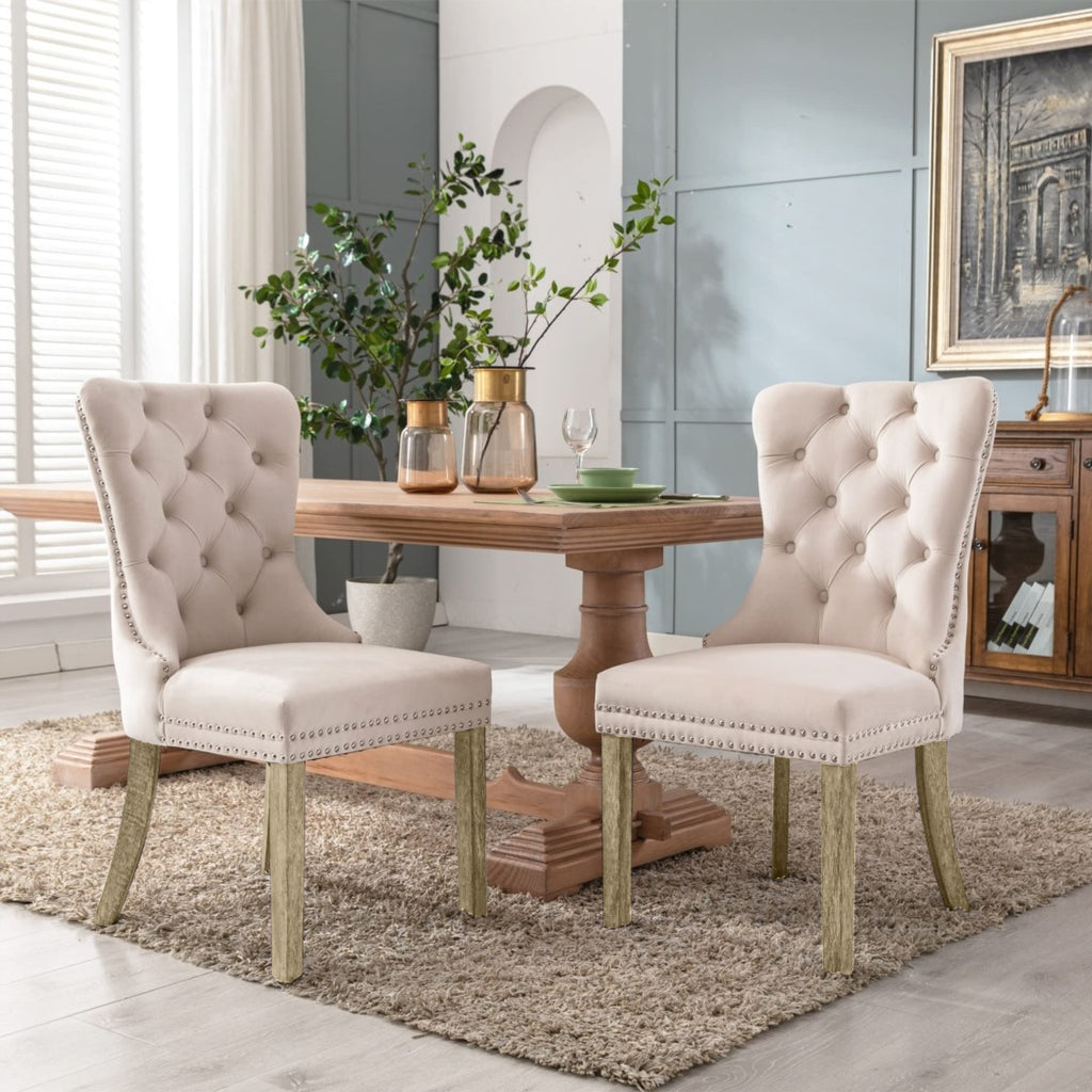 2x Velvet Dining Chairs Upholstered Tufted Kitchen Chair with Solid Wood Legs Stud Trim and Ring-Beige