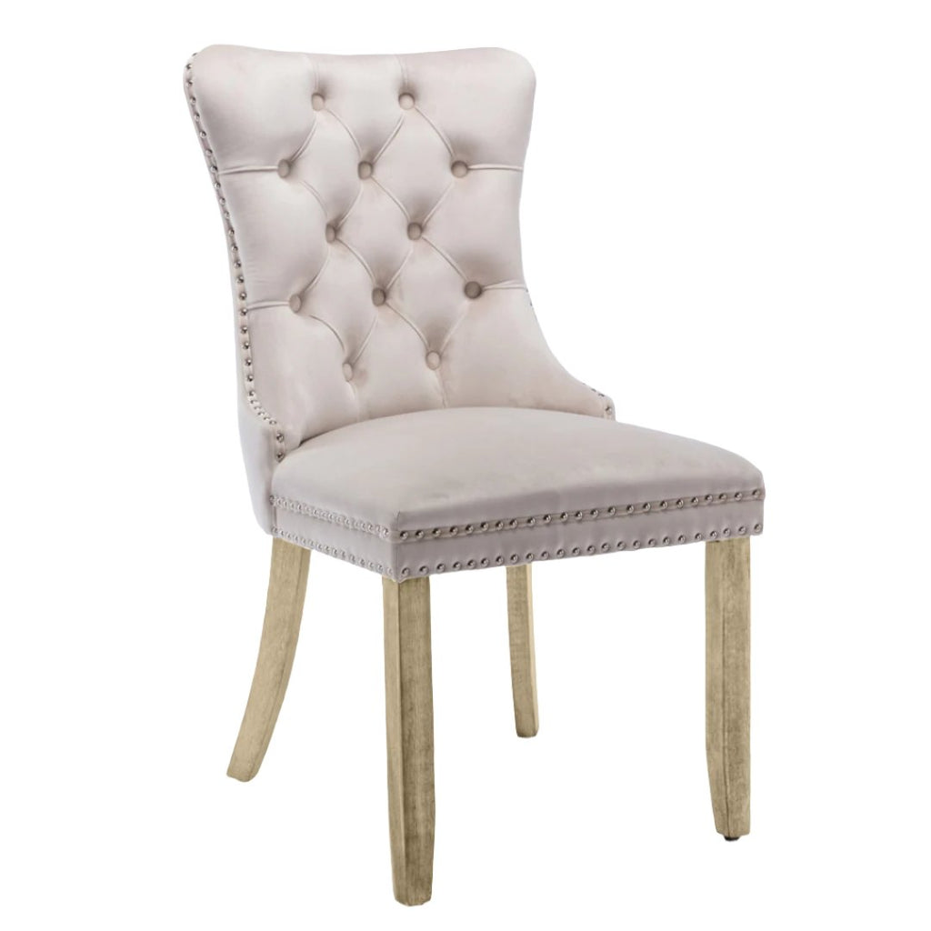 2x Velvet Dining Chairs Upholstered Tufted Kitchen Chair with Solid Wood Legs Stud Trim and Ring-Beige