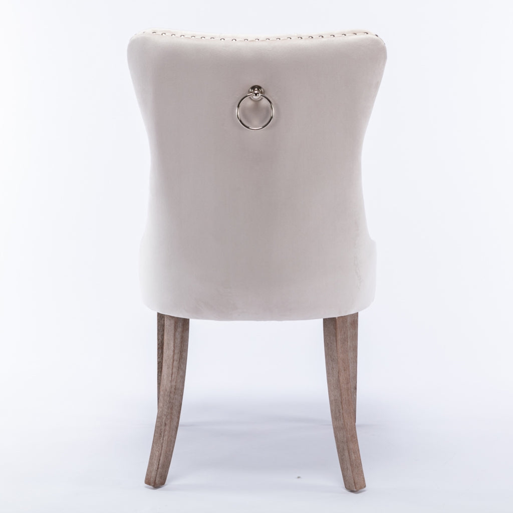 2x Velvet Dining Chairs Upholstered Tufted Kitchen Chair with Solid Wood Legs Stud Trim and Ring-Beige