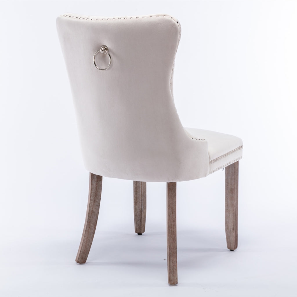 2x Velvet Dining Chairs Upholstered Tufted Kitchen Chair with Solid Wood Legs Stud Trim and Ring-Beige