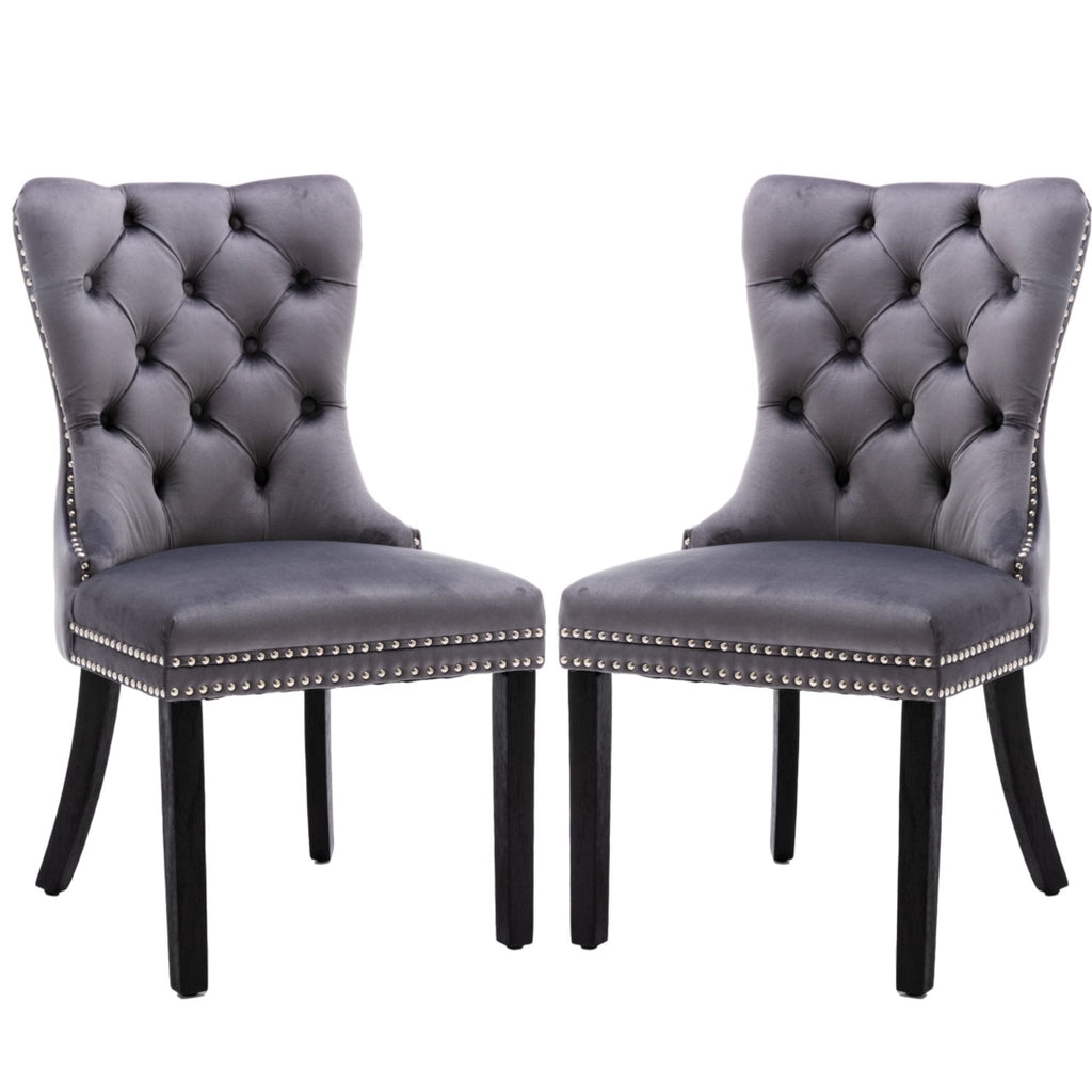 2x Velvet Dining Chairs Upholstered Tufted Kitchen Chair with Solid Wood Legs Stud Trim and Ring-Gray