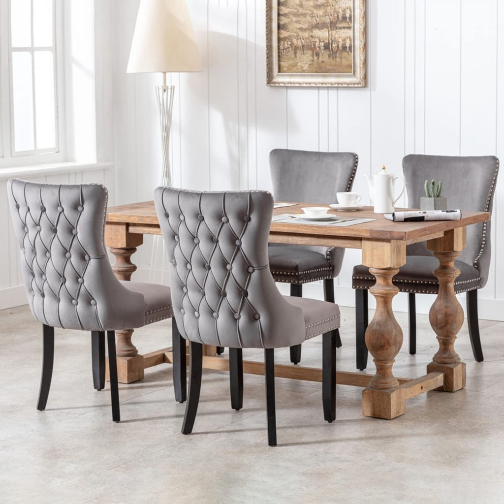 4x Tufted Velvet Upholstered Dining Chairs with Solid Wood Legs