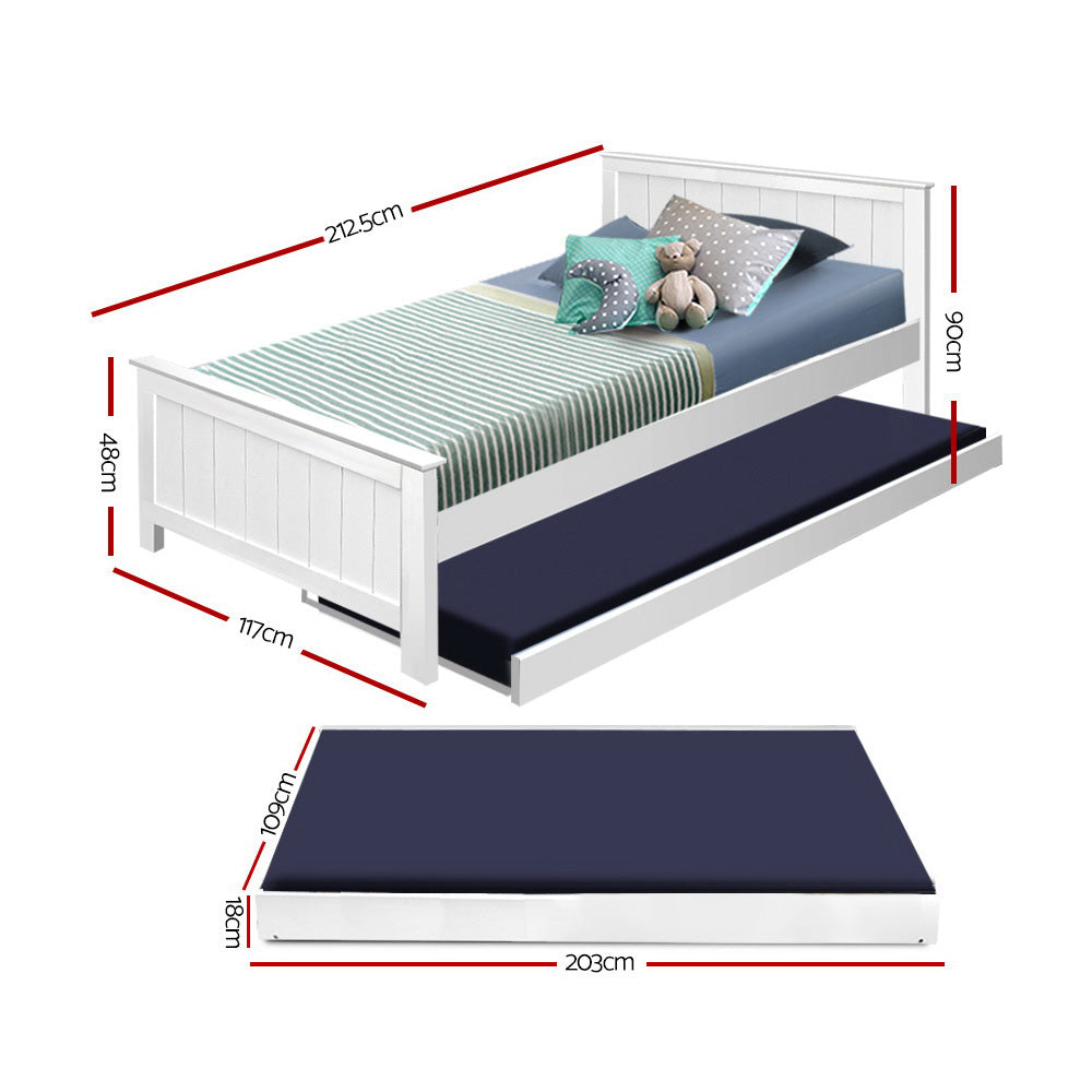 King Single Wooden Trundle Bed Frame White