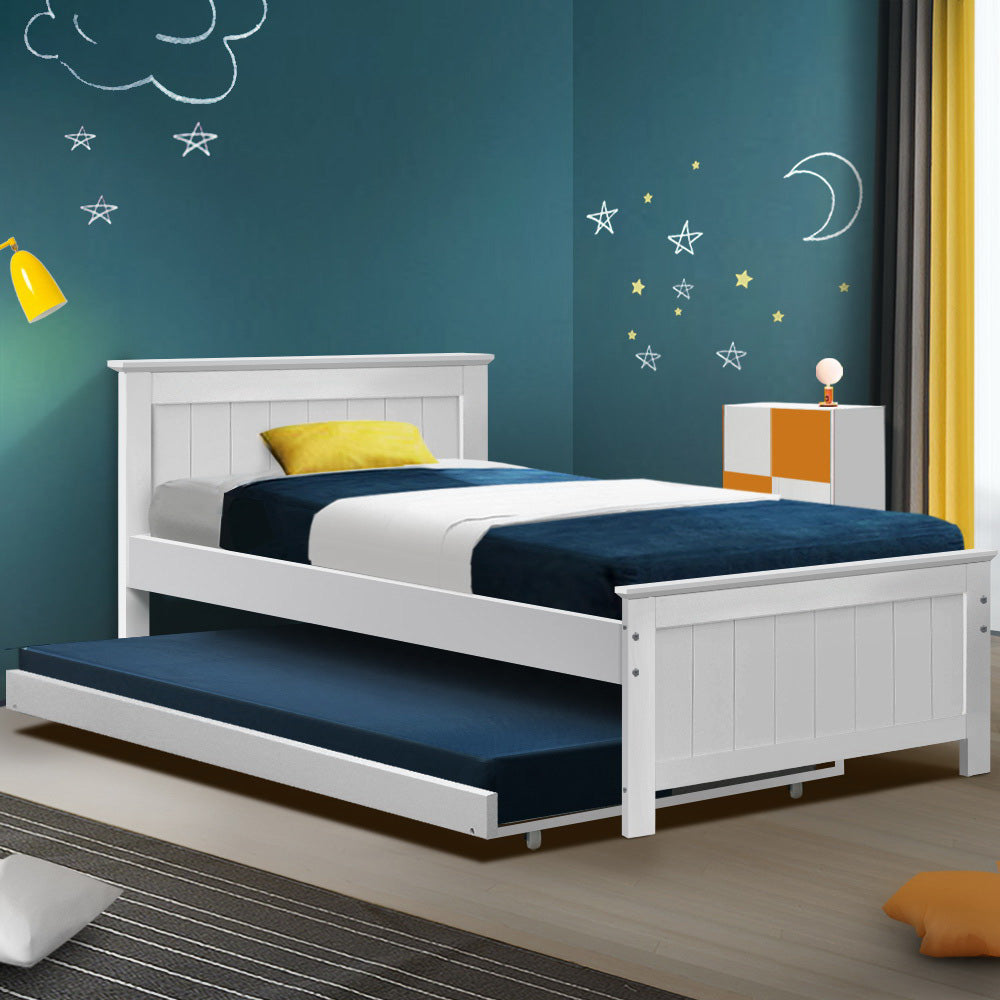 King Single Wooden Trundle Bed Frame White