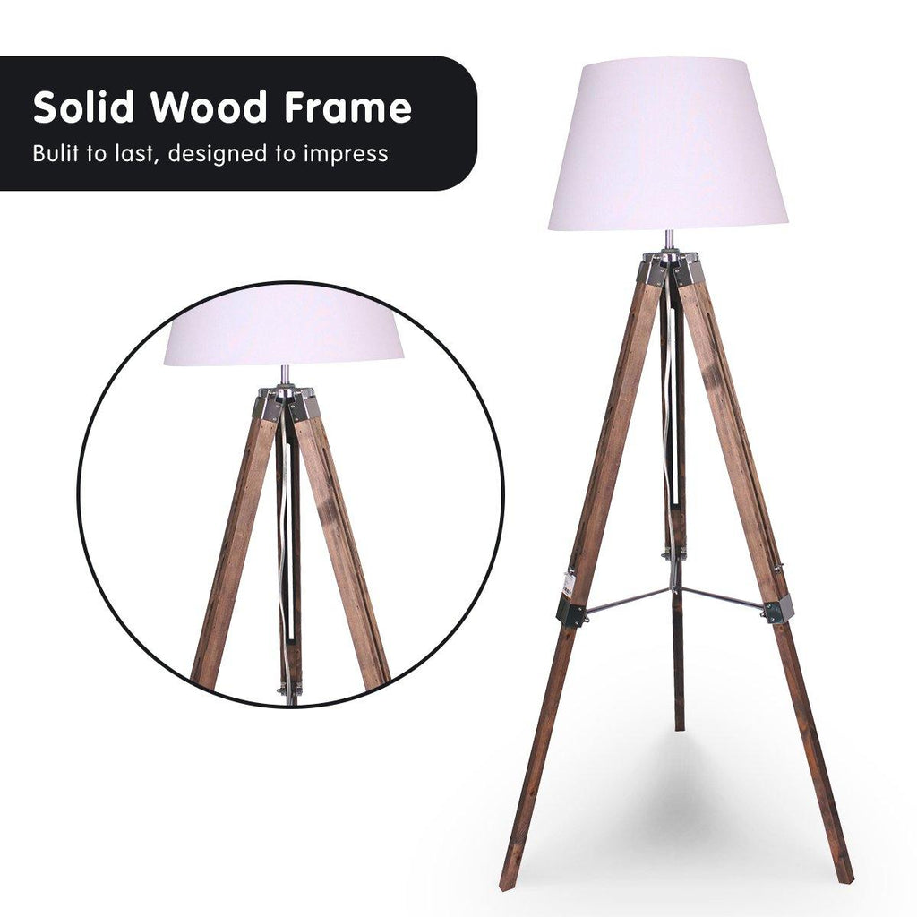 Solid Wood Tripod Floor Lamp Adjustable Height White Linen Taper Shade - Housethings 