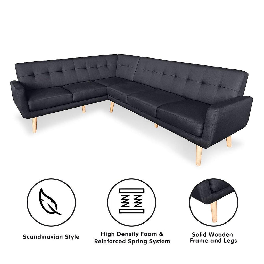 Laverne Corner Lounge L-shaped Wooden legs Black - Housethings 