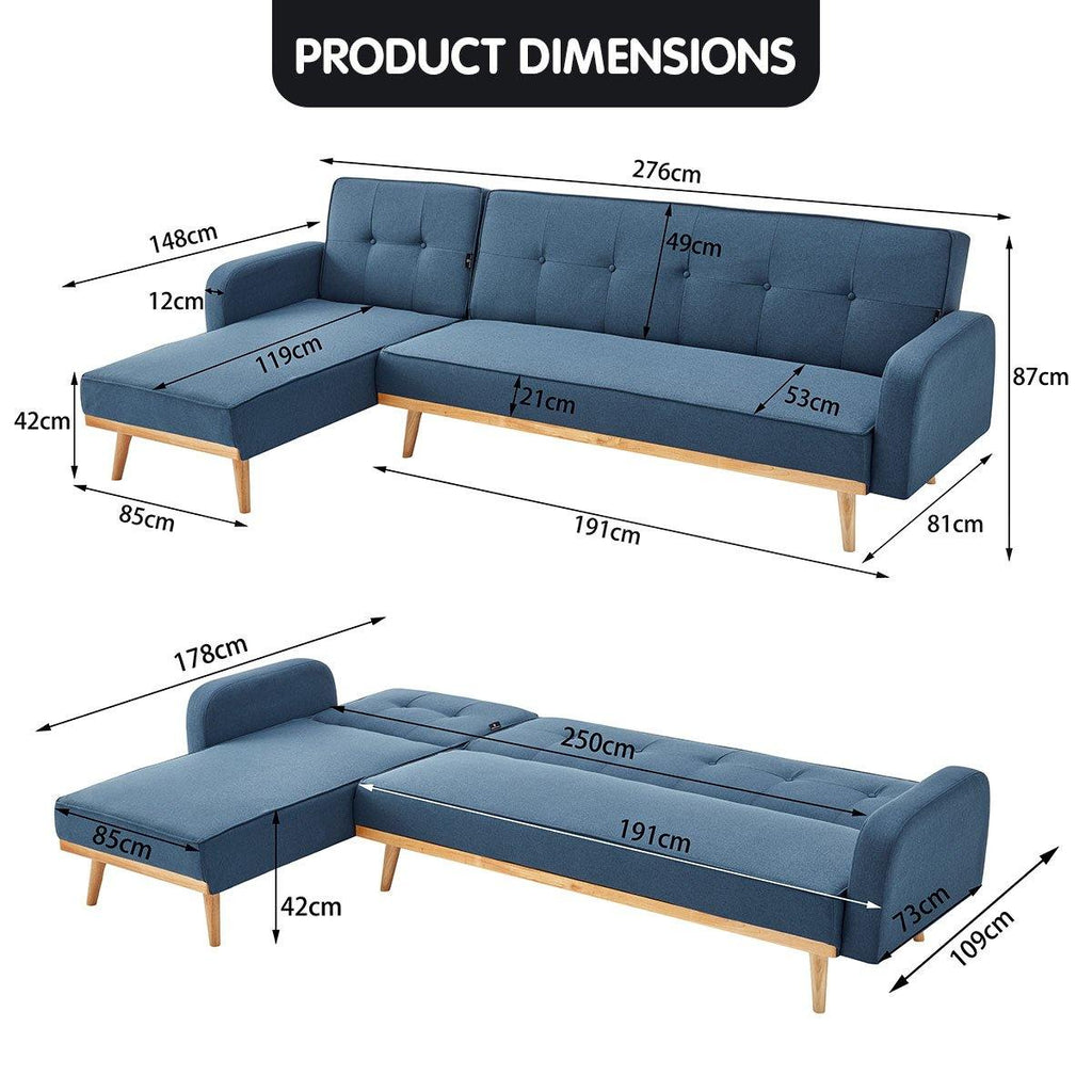 Sarantino 3-Seater Corner Sofa Bed with Chaise Lounge - Blue - Housethings 